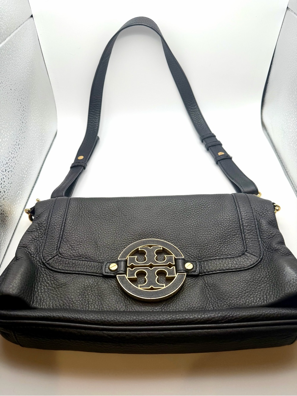 Tory Burch Black Leather Shoulder Bag Gold tone Logo Crossbody Handbag - Picture 11 of 14